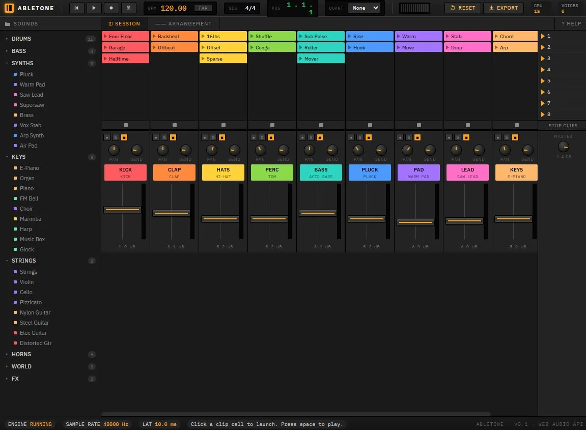 Abletone — web-lite Ableton Live clone showing session view with colored clips, mixer channel strips, sound browser, and transport bar