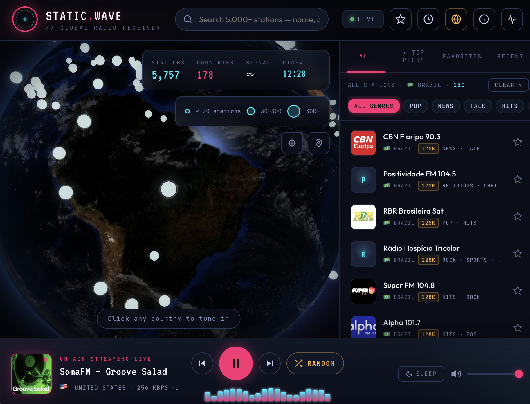 Static.Wave global radio receiver — dark interface with 3D earth, station list for Brazil, and Groove Salad now playing